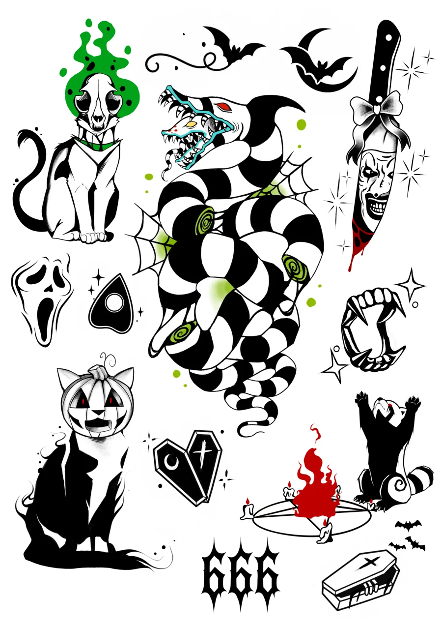 Halloween tattoo flash sheet by Charlie Jackdaw