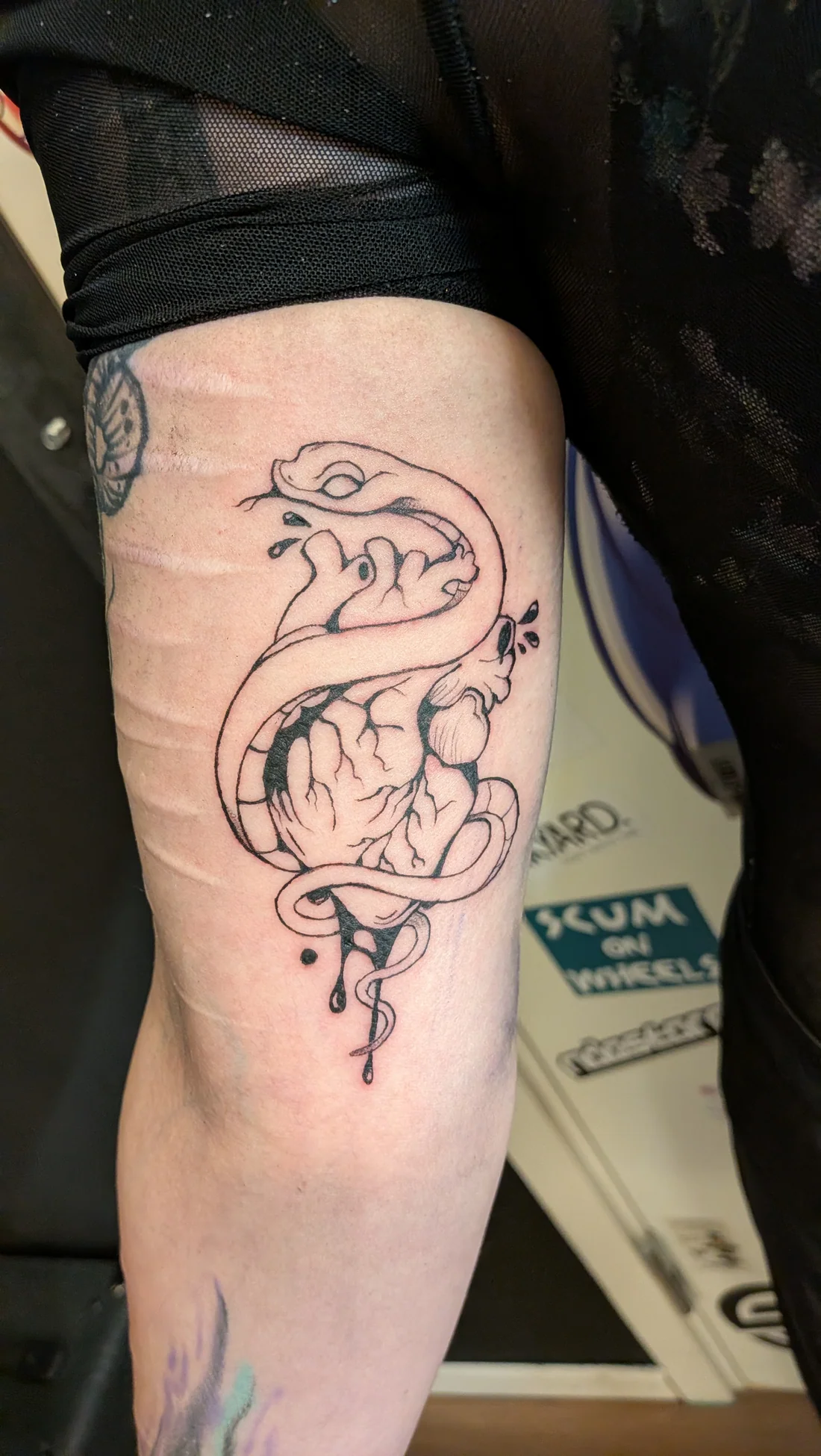 Fresh snake and heart tattoo by Charlie Jackdaw